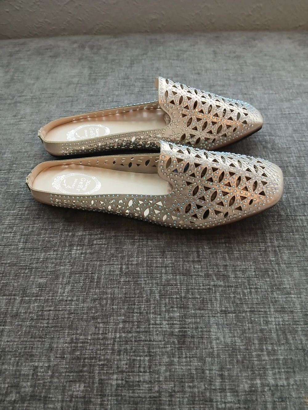 Laser-Cut Embellished Slip-On Flats in Champagne